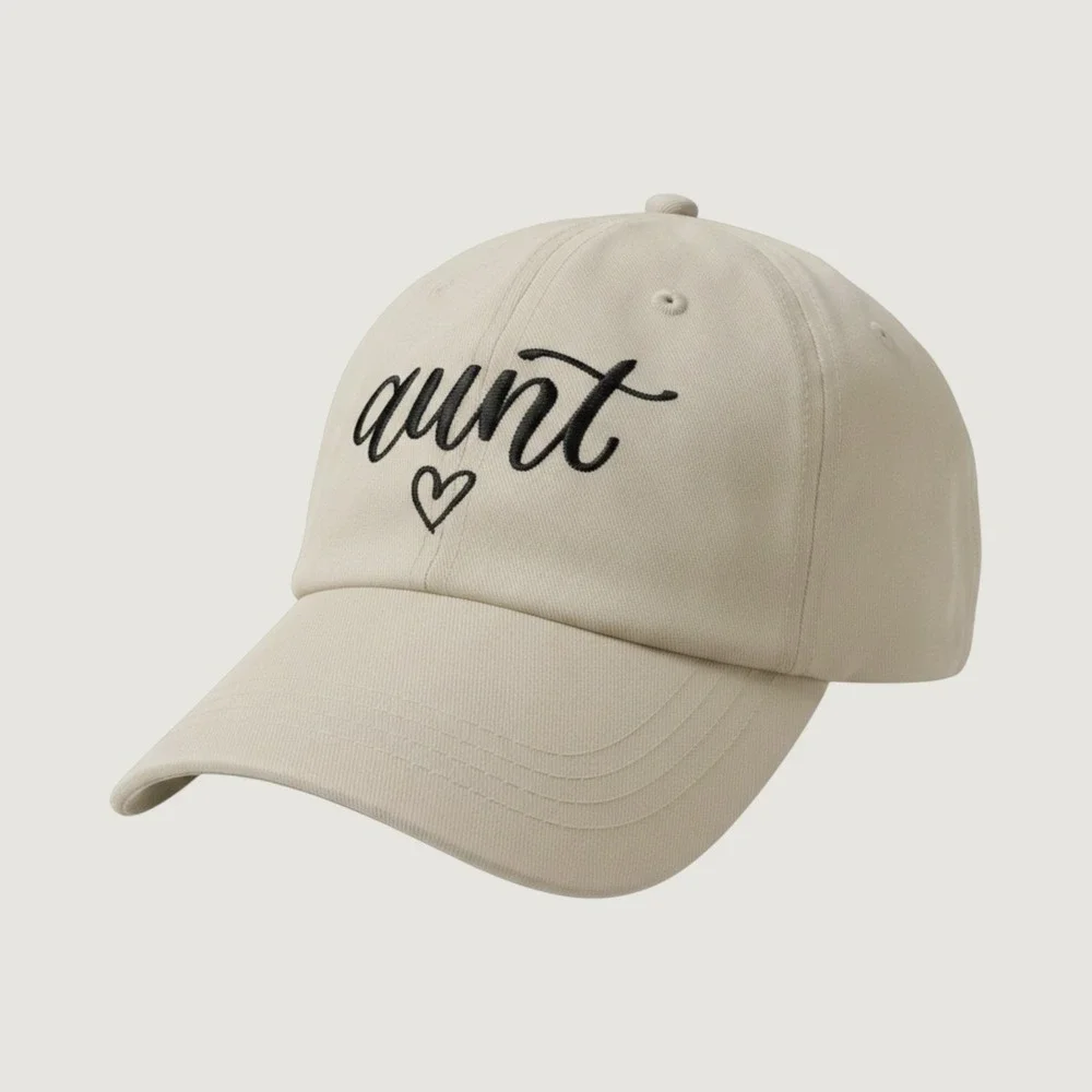 New Aunt Heart Embroidered Baseball Cap Beige Cotton Adjustable Womens Hat Gift